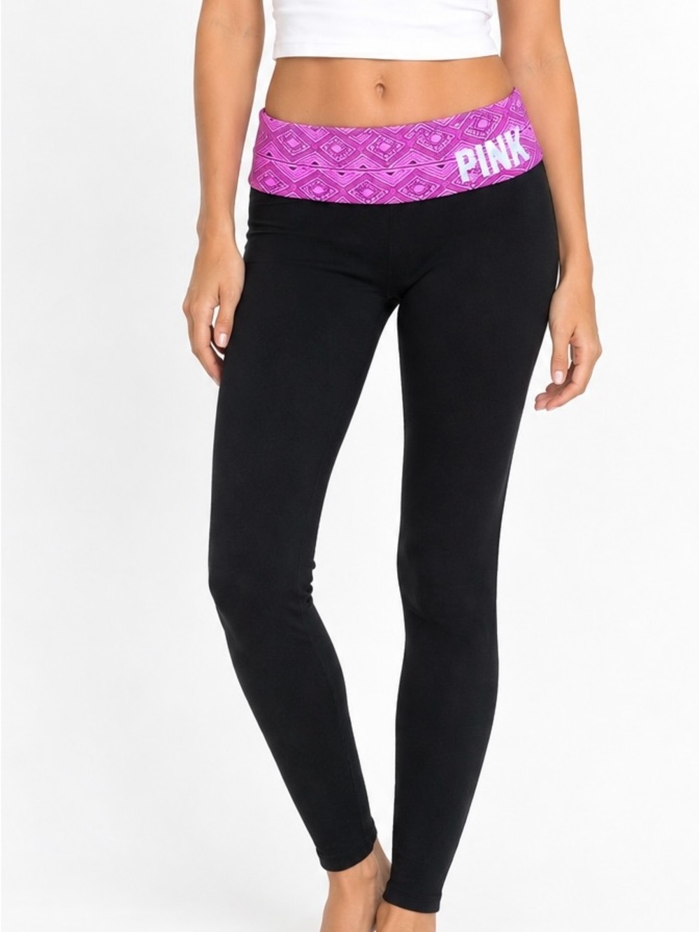 VS PINK Black Foldover Yoga Leggings XS Pink Aztec Waistband Y2K Indie Sleaze